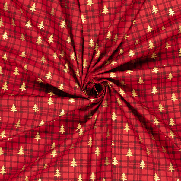 Coton de Noël imprimé tartan et sapin doré fond rouge
