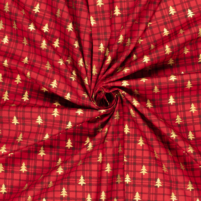 Coton de Noël imprimé tartan et sapin doré fond rouge