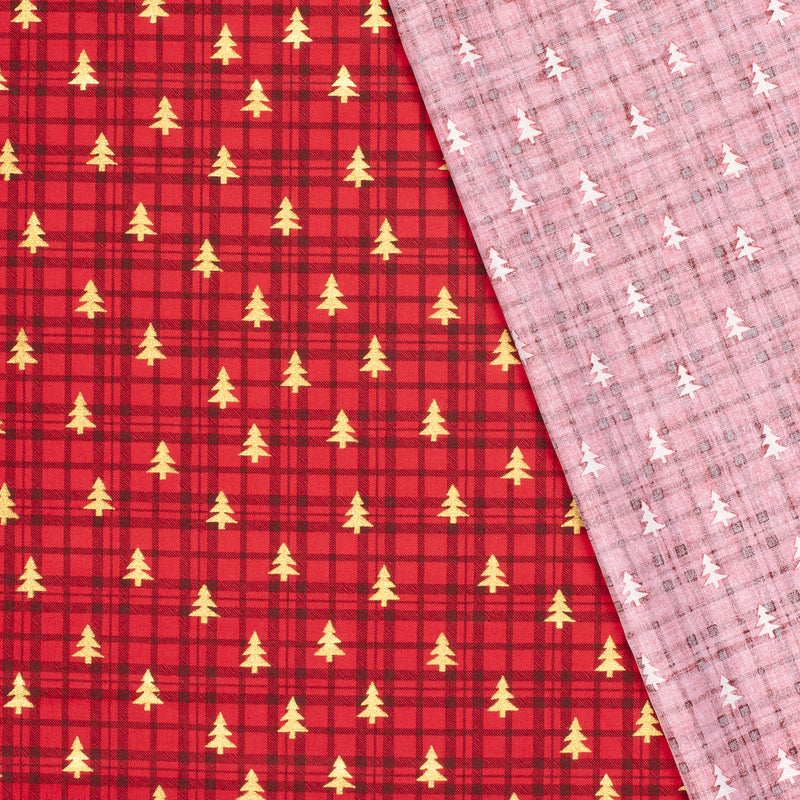 Coton de Noël imprimé tartan et sapin doré fond rouge