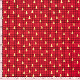 Coton de Noël imprimé tartan et sapin doré fond rouge