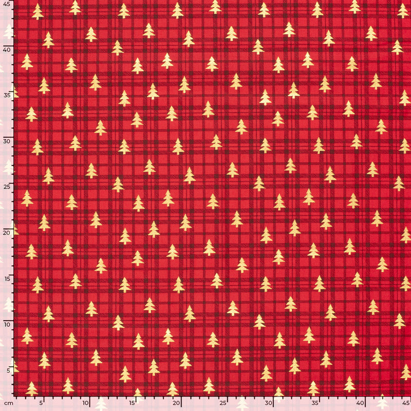 Coton de Noël imprimé tartan et sapin doré fond rouge