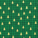 Coton de Noël imprimé tartan et sapin doré fond vert
