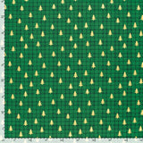 Coton de Noël imprimé tartan et sapin doré fond vert
