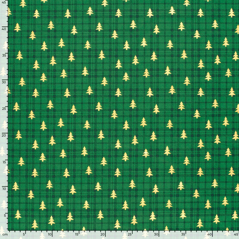 Coton de Noël imprimé tartan et sapin doré fond vert