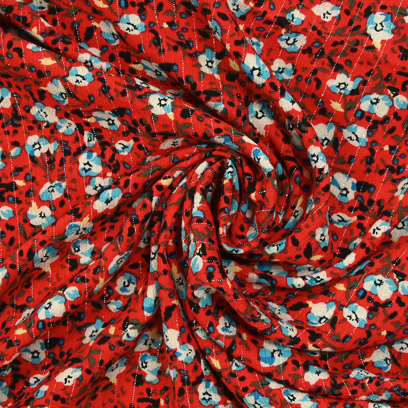 CrePon viscose Lurex Blue and white flowers red background