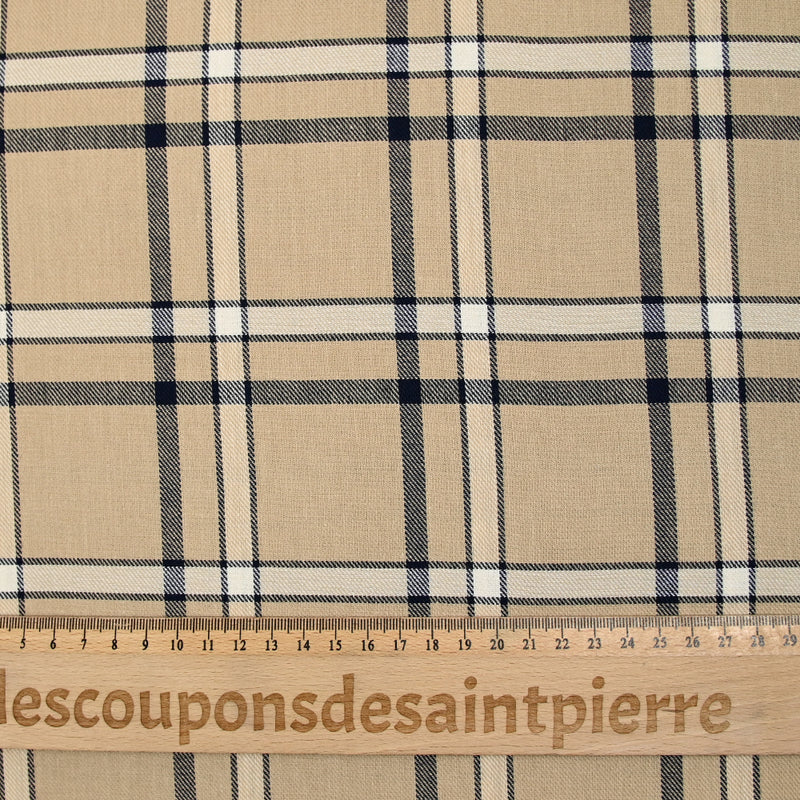 Twill de viscose tissé teint carreaux marine fond beige