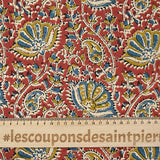 Coton indien imprimé Uma bleu barbeau et jaune fond tomette
