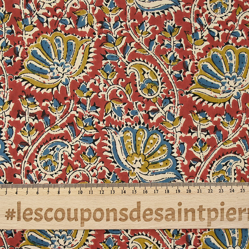 Coton indien imprimé Uma bleu barbeau et jaune fond tomette