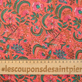 Indian Cotton Print Indore Green And Rose Corail Background