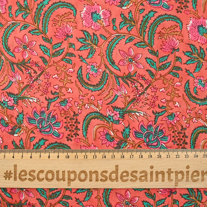Indian Cotton Print Indore Green And Rose Corail Background