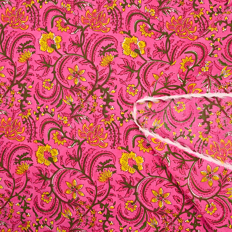 Indian cotton printed kali green and yellow pink background
