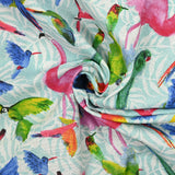 Polycoton printed parrots and flamingos blue background