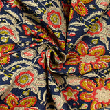 Coton indien imprimé Nandi beige, rouge et jaune fond bleu foncé