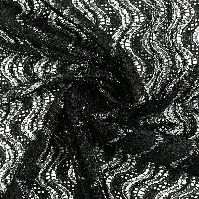 Polyester lace waves Lurex Silver Black Background