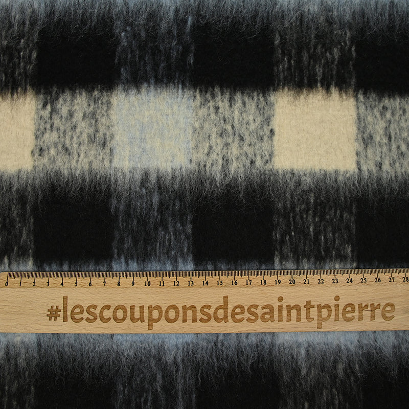 Laine mélangée brossée à poils longs carreaux noir, ciel et beige