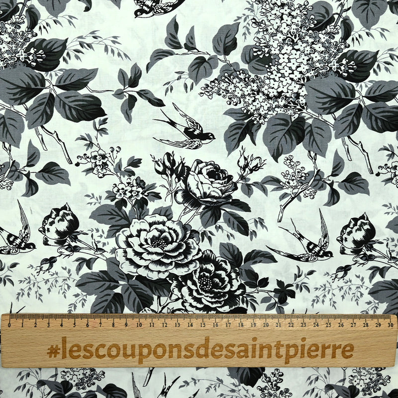 Popeline de coton imprimée fleurs et oiseaux noir fond blanc