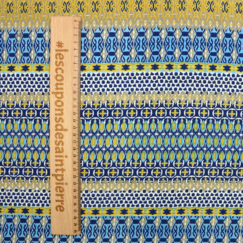 Voile de coton imprimé bande murale jaune et bleu fond blanc
