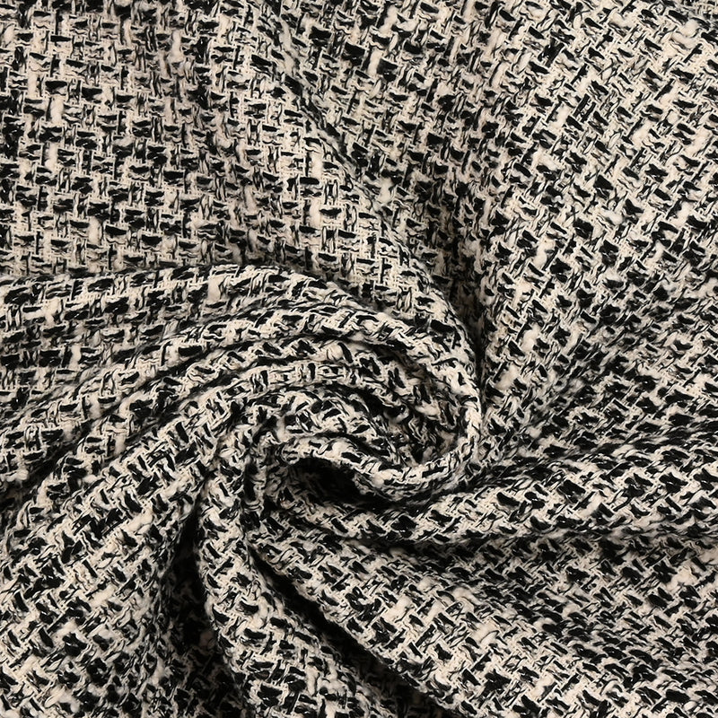 Tweed de polycoton noir, blanc cassé et irisé argent
