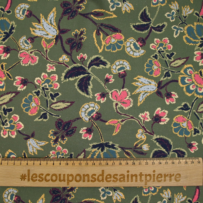 Coton satiné imprimé floral rétro fond vert