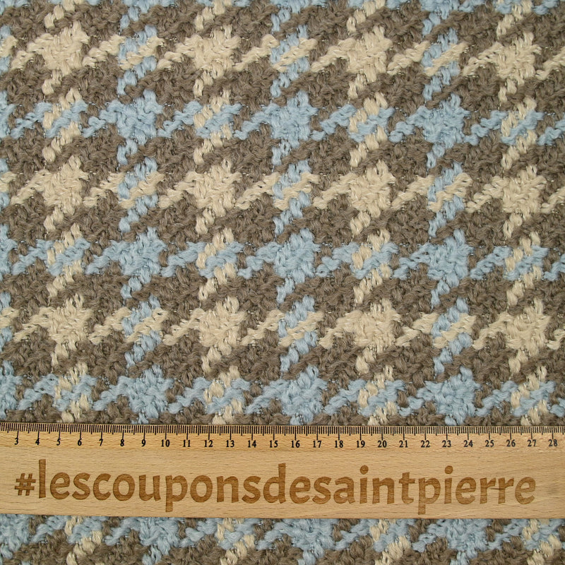 Laine mélangée pied-de-poule bouclé beige, marron et bleu ciel