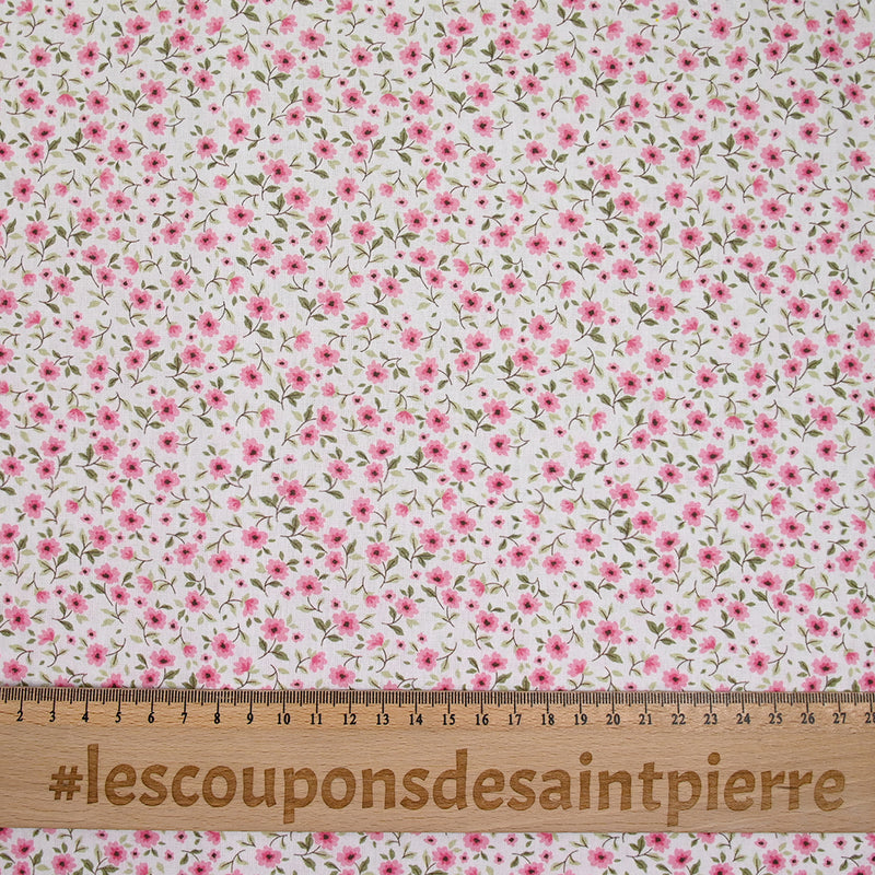 Coton imprimé champêtre rose fond blanc
