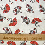 Fondo blanco de algodón estampado de ventilador rojo y negro