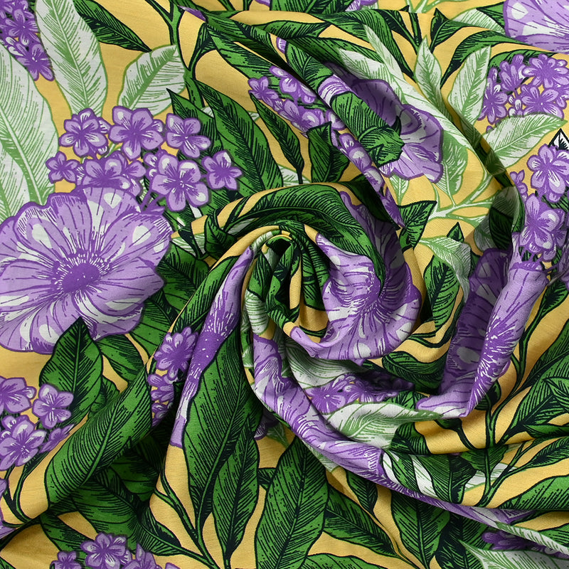 Light printed viscose purple flowers and yellow background foliage