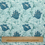 Popeline de coton imprimée Lys baroque bleu fond blanc
