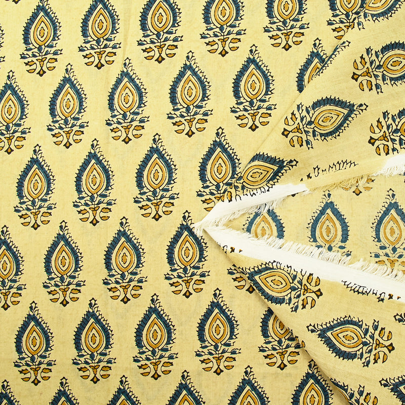 Coton indien imprimé Chennai bleu et ocre fond beige