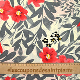 Viscose imprimée dans la nature gris et rouge fond blanc cassé