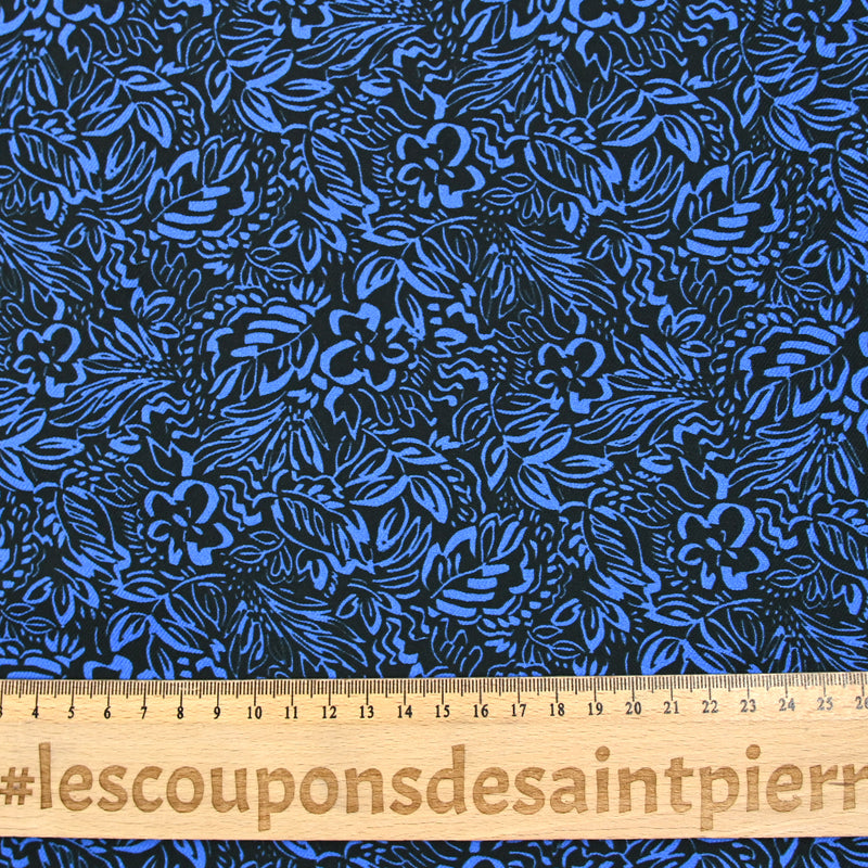 Twill de viscose imprimé feuillage bleu fond noir