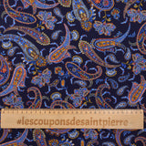 Crêpe viscose imprimé cachemire bleu et ocre sur fond marine