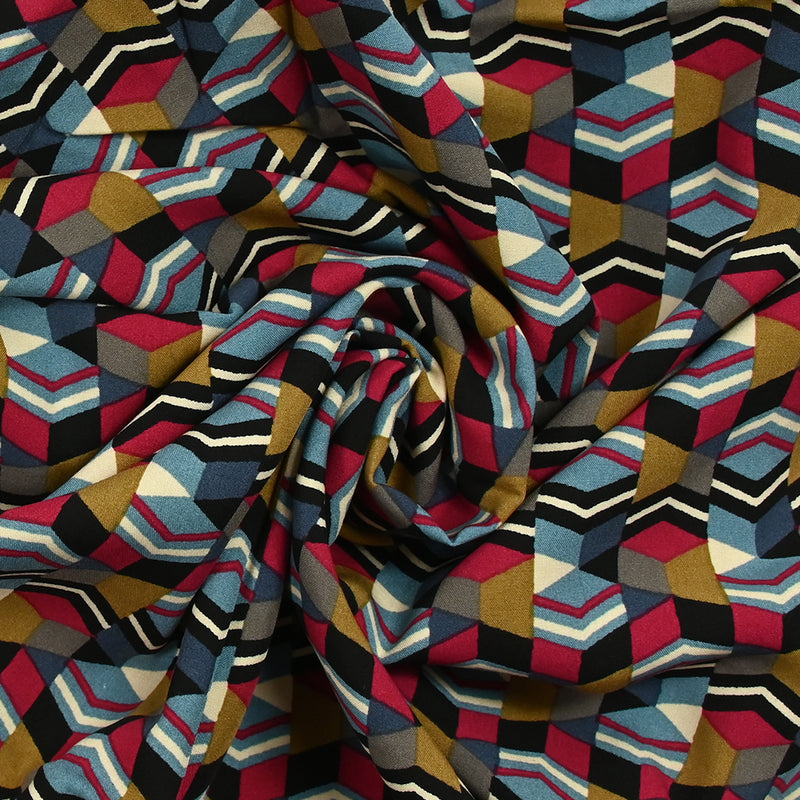 Prisms printed viscose in blue and red patchwork