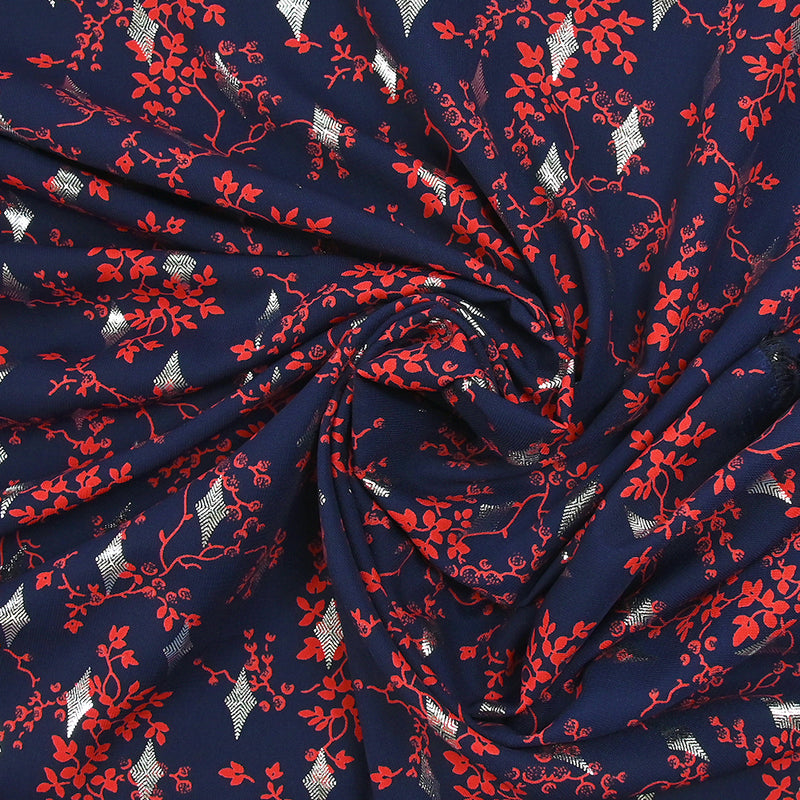 Microfibre imprimée polyester fleurs rouges et losanges argent fond marine