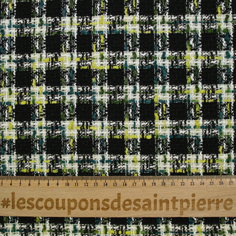 Tweed polycoton à carreaux noir, vert, jaune et bleu canard