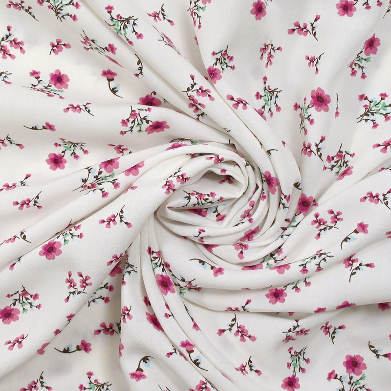 Viscose imprimée fleurettes roses fond blanc