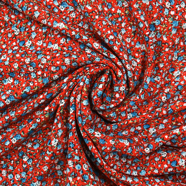 Crépon viscose lurex mini fleurs bleu fond rouge