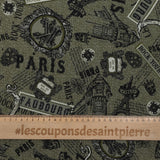 Crêpe polyester imprimé Paris fond kaki