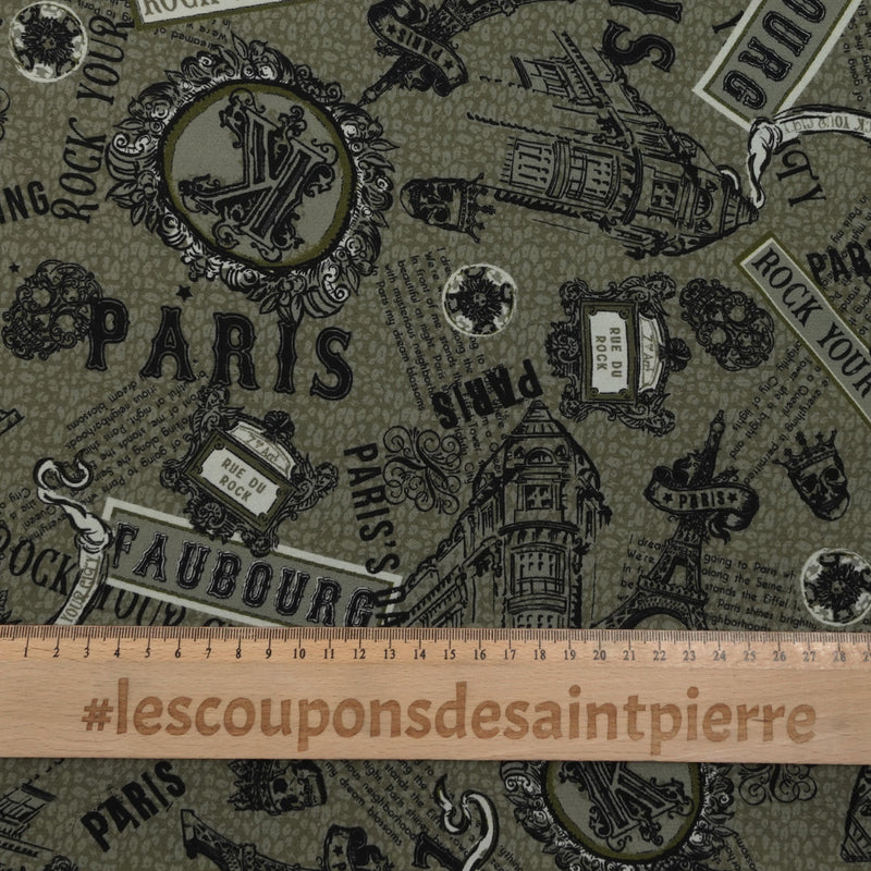 Crêpe polyester imprimé Paris fond kaki
