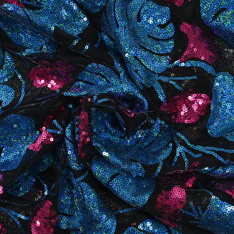 Tulle sequin fleurs et monstera bleu et rose