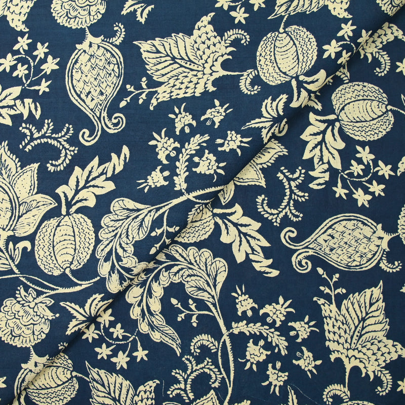 Coton indien imprimé Mumbai beige fond bleu