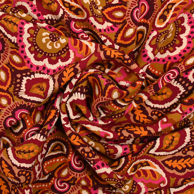 Viscose imprimée Paisley orange et rose