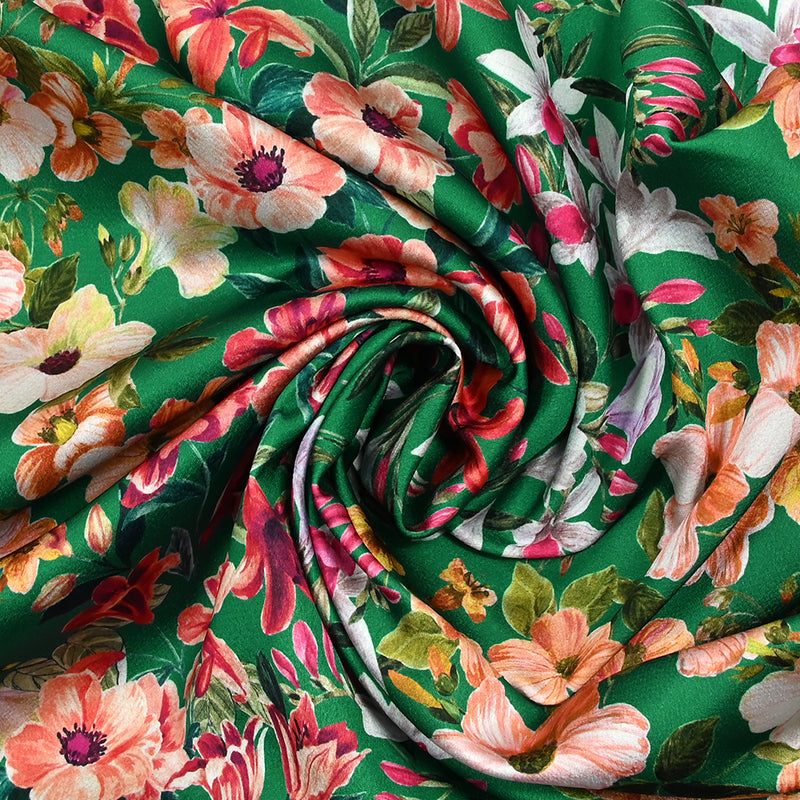 Polyester Crêpe Print Liane Print Of Flowers Green Mint Fond