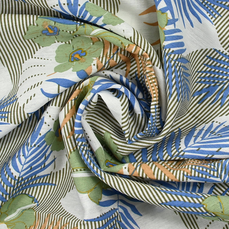 Viscose imprimée légère fleurs vertes et bleues fond rayé