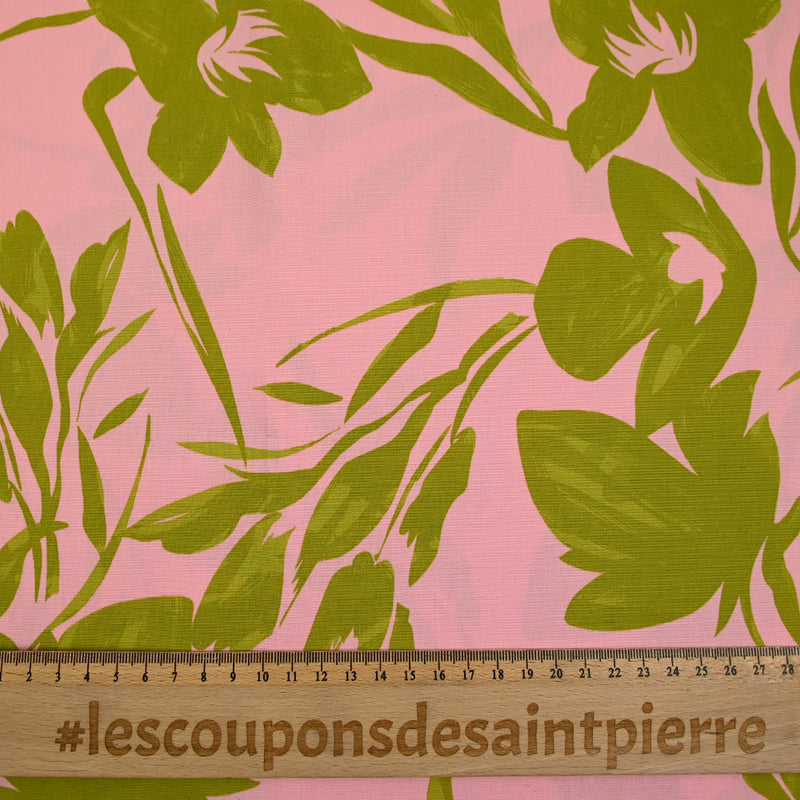 Coton satiné imprimé plantation rose et vert