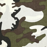 Coton imprimé élasthanne militaire kaki et marron fond blanc