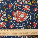 Coton indien imprimé Bengaluru rouge et écru fond bleu marine