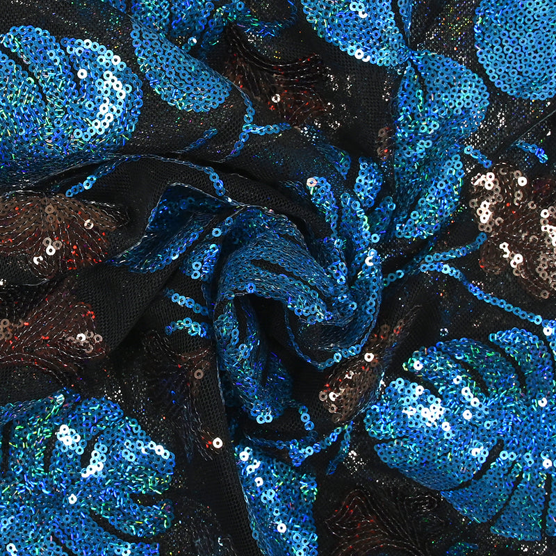 Tulle sequin fleurs et monstera bleu et marron