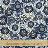 Lin viscose imprimé fleurs rétro fond bleu