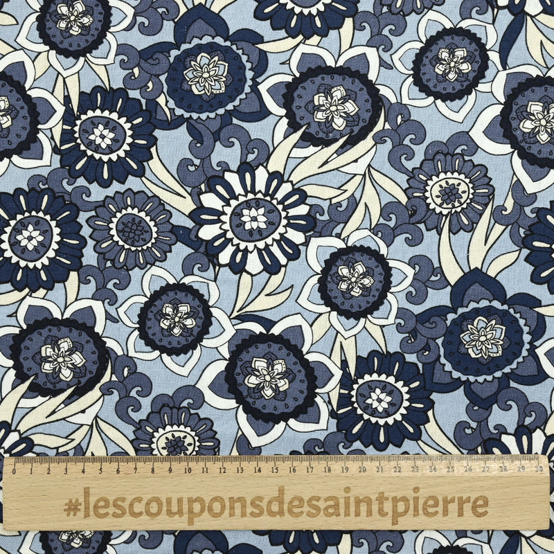 Impresión de lino viscosa flores retro fondo azul